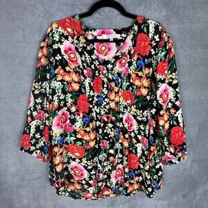Rose Olive Top Womens 1X Black Floral 3/4 Length Sleeve Pintuck Lightweight Boho